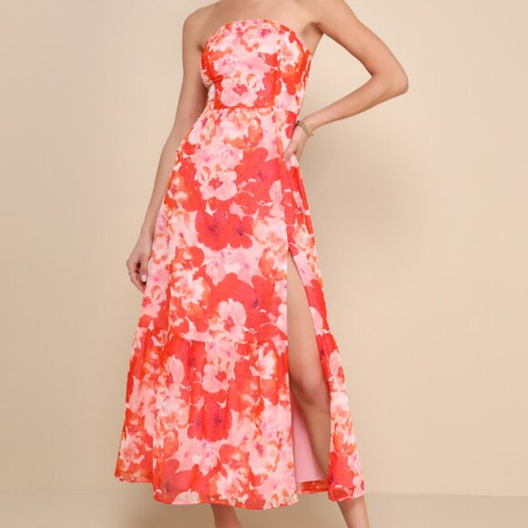 Lulus Bright Perspective Orange And Pink Floral Strapless Midi Dress - Size XXL - Picture 1 of 1